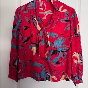 Vintage Red Floral Tie-Neck Women’s Blouse